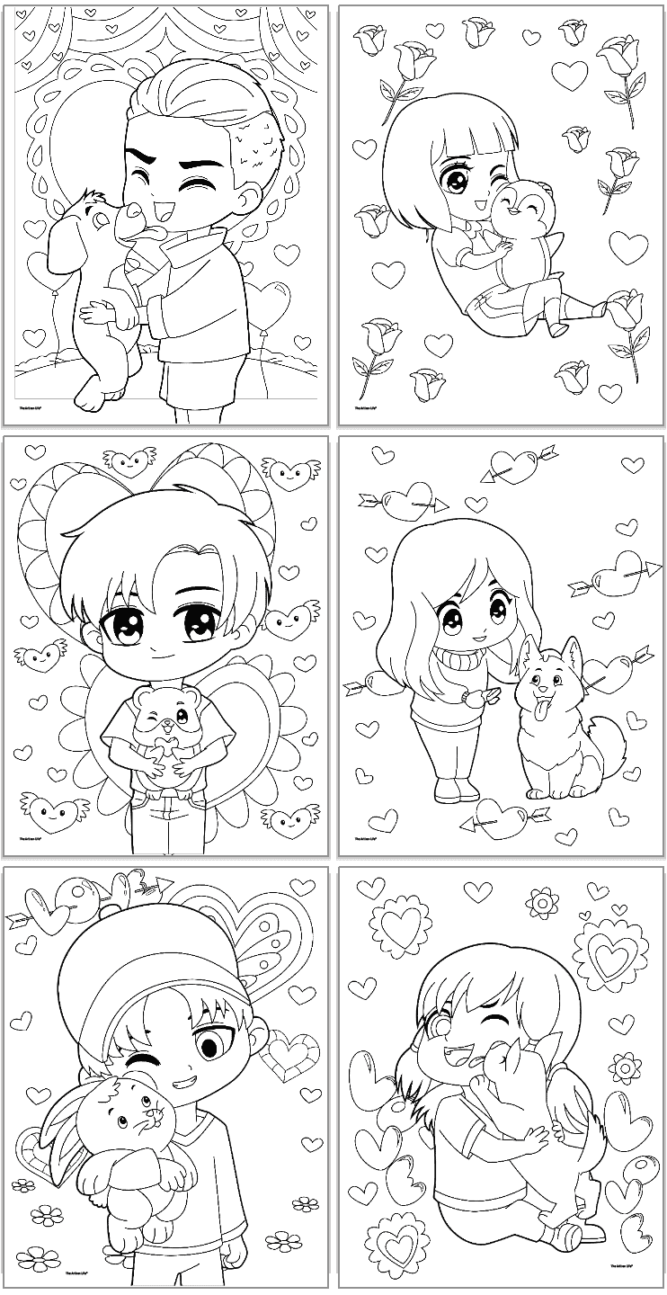 A collection of six black-and-white Valentine-themed coloring pages featuring cute characters, pets, and hearts, designed for toddlers and preschoolers to enjoy during Valentine's Day.
