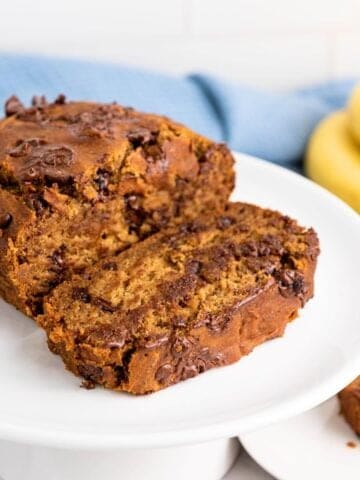 a plate with slices of chocolate chip banana bread made with gluten free flour