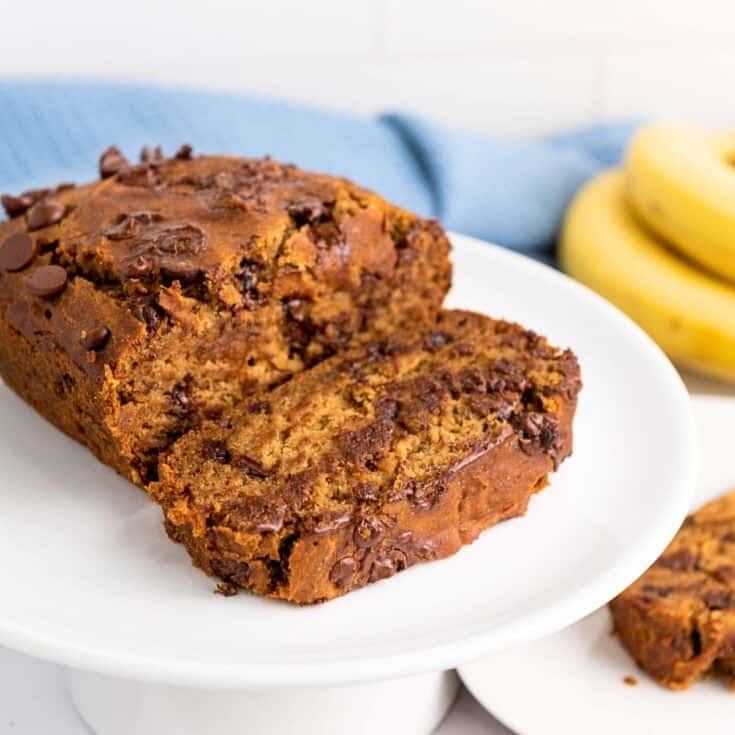 a plate with slices of chocolate chip banana bread made with gluten free flour