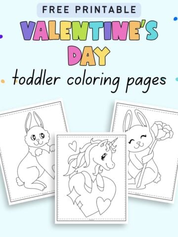 text "free printable Valentine's Day toddler coloring pages with a preview of three simple coloring pages