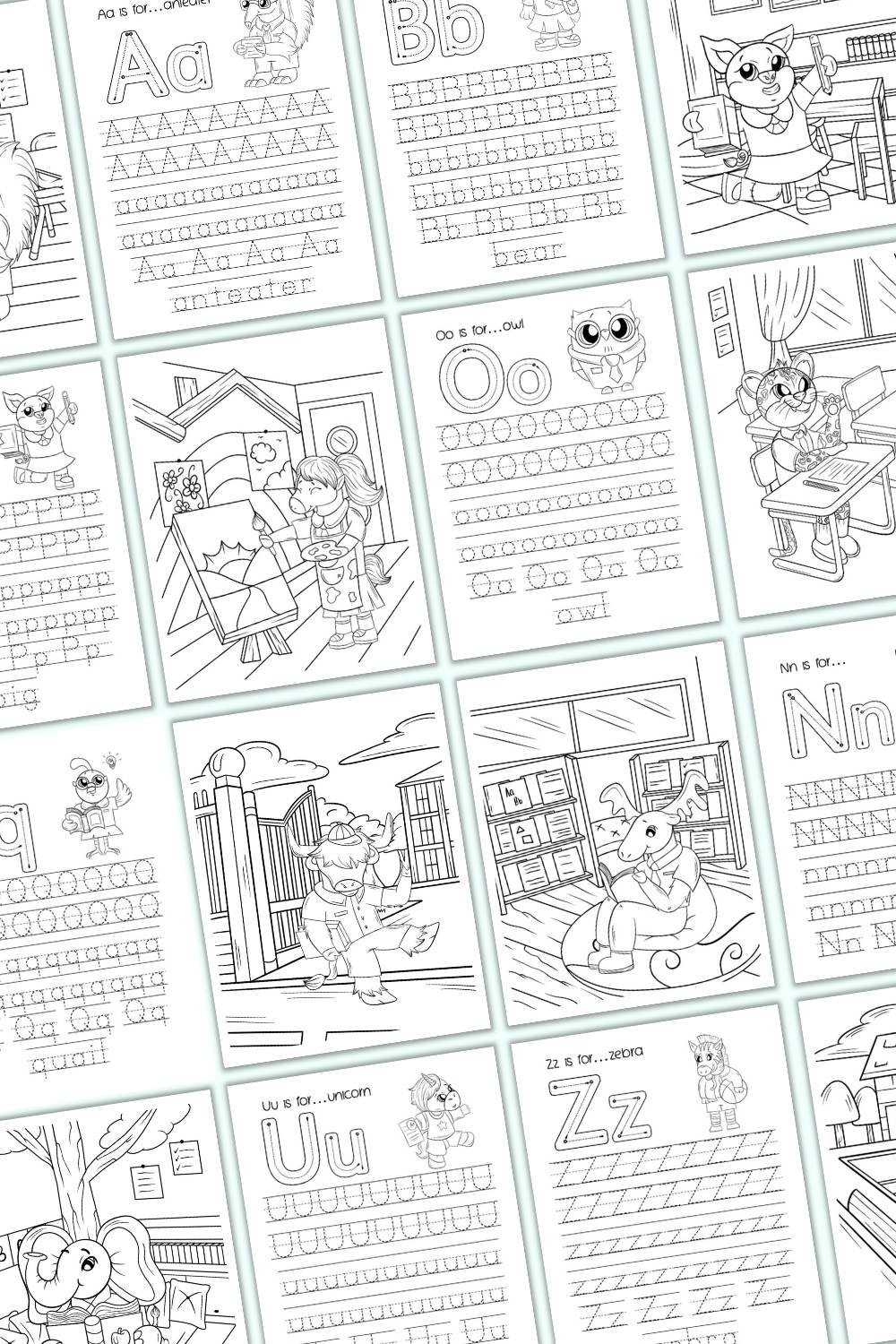 A preview of interior pages from an alphabet tracing book with a back to school theme