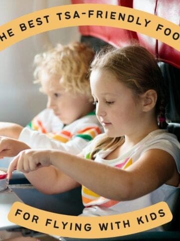 text "best tsa-friendly food for flying with kids" with a picture of two children eating on a plane