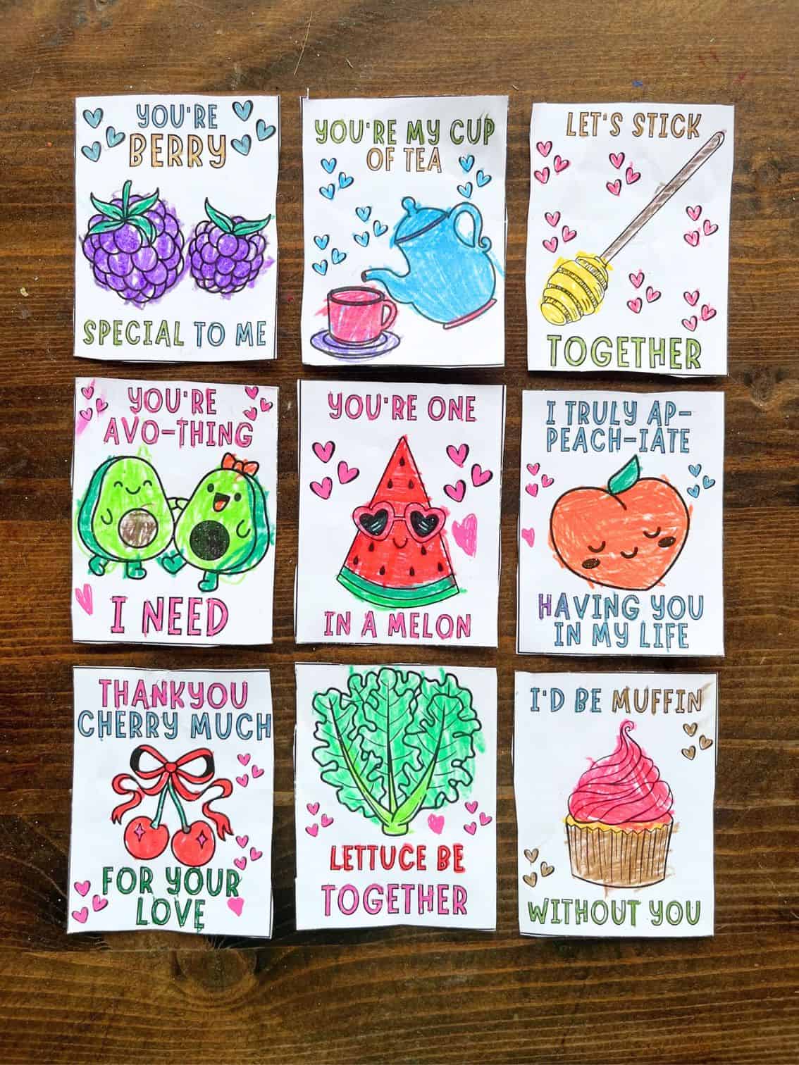 nine colored and cut out Valentine's cards for kids