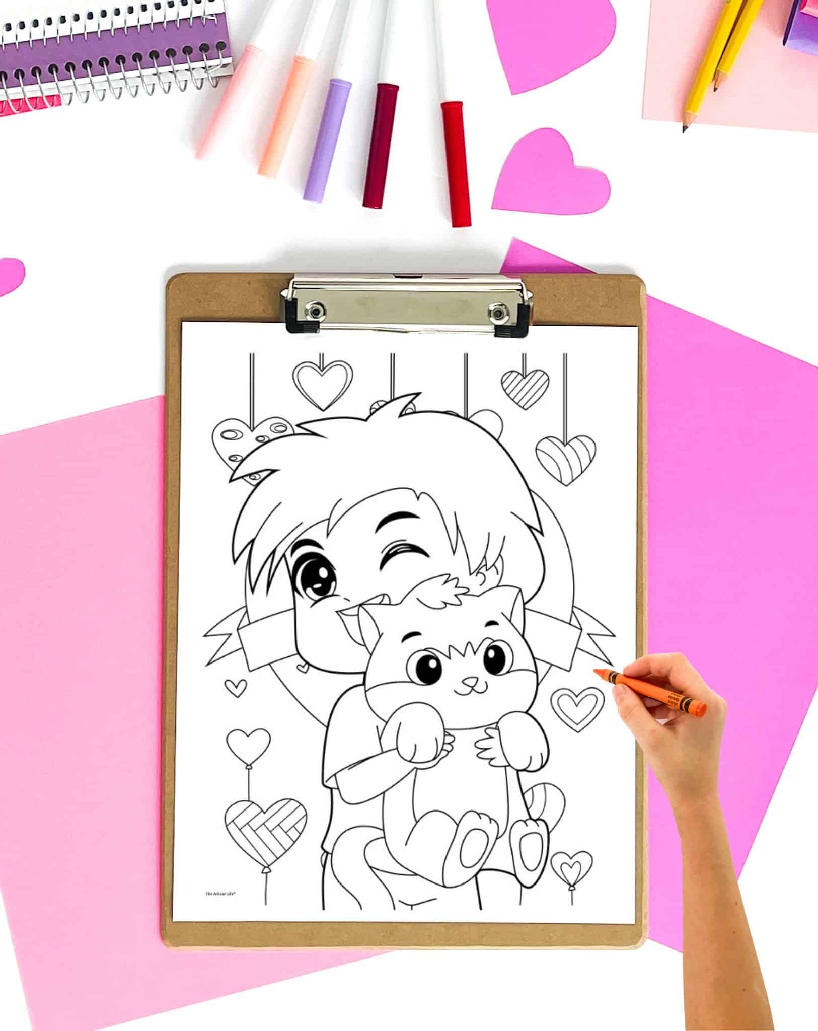 A cute Valentine's Day coloring page showing a boy with his pet cat