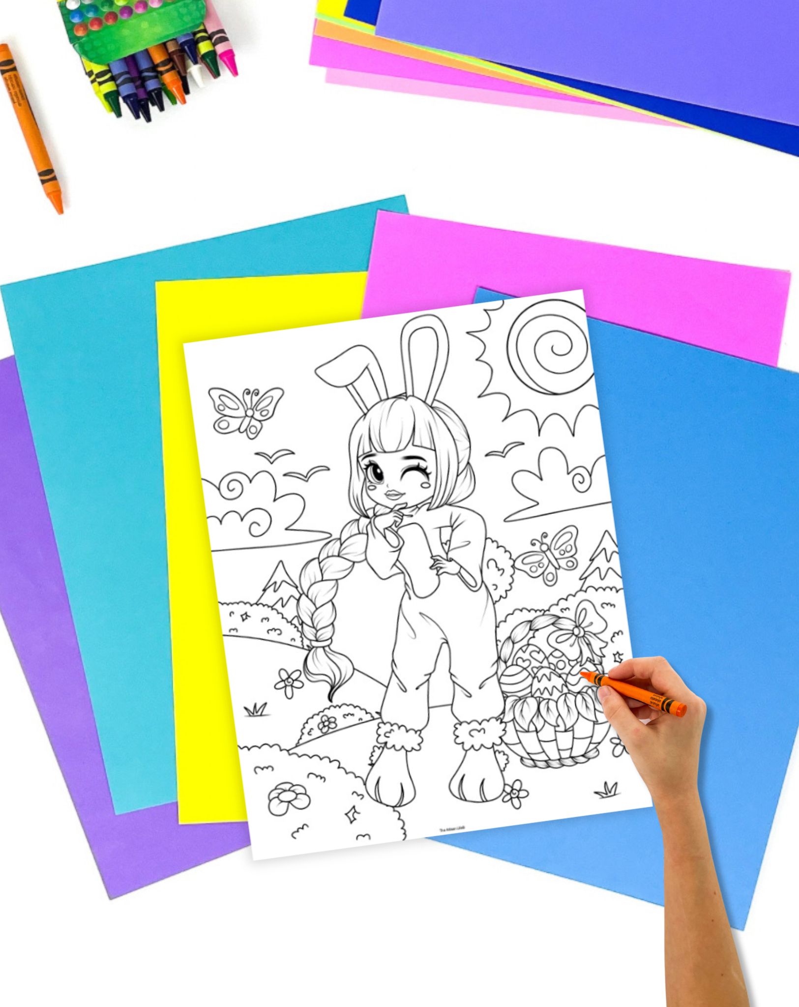 a coloring page with a girl in an Easter bunny costume and a basket of eggs