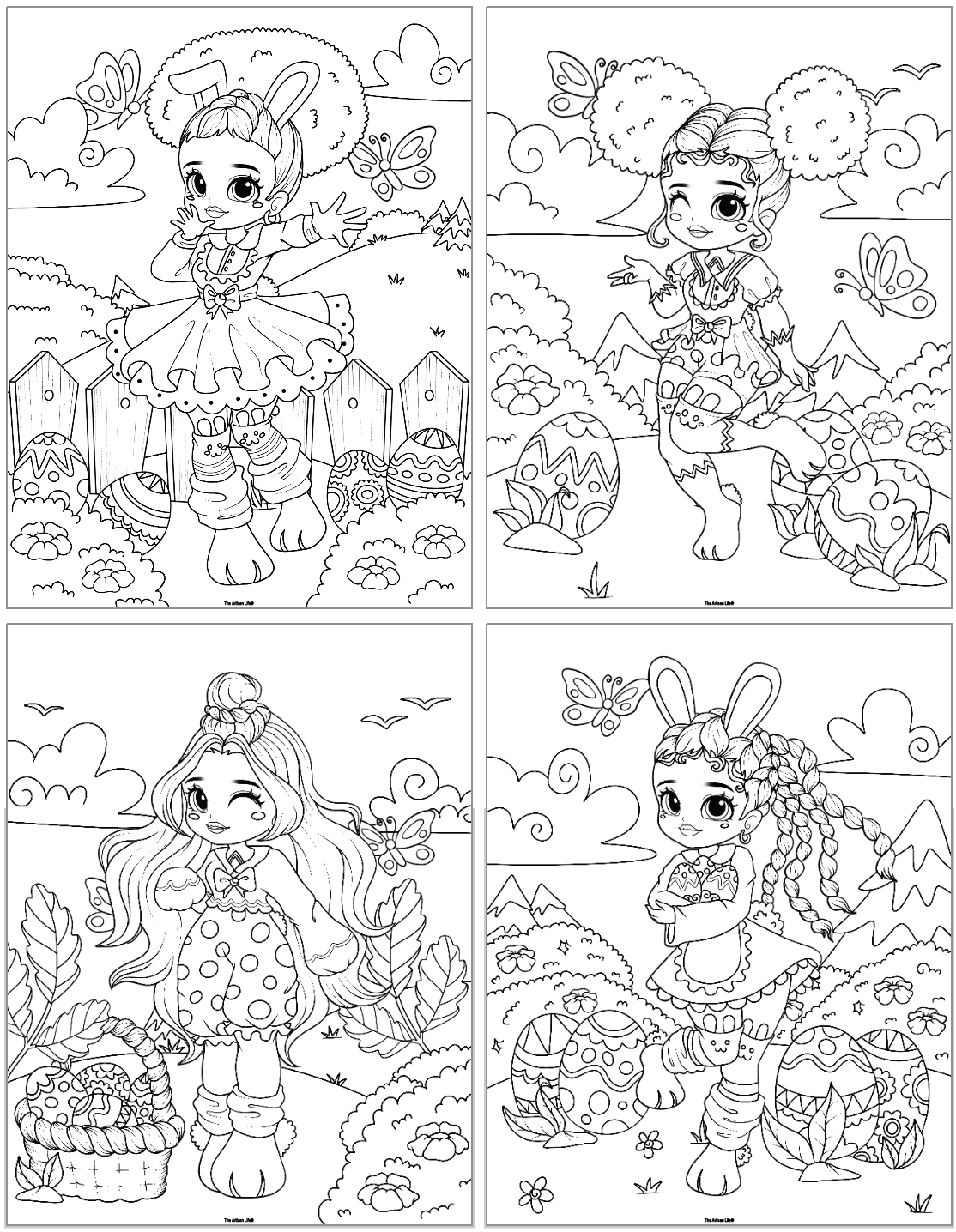 four coloring pages with girls dressed in Easter bunny costumes