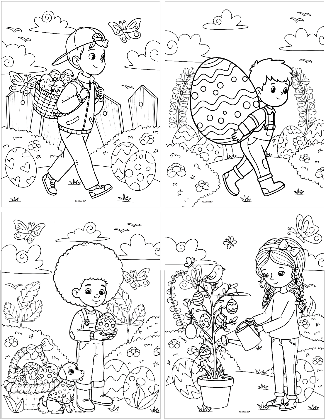 A collection of four black and white Easter-themed coloring pages featuring children engaged in various spring activities, such as carrying decorated eggs and watering a plant with Easter decorations, surrounded by flowers, butterflies, and other spring elements.
