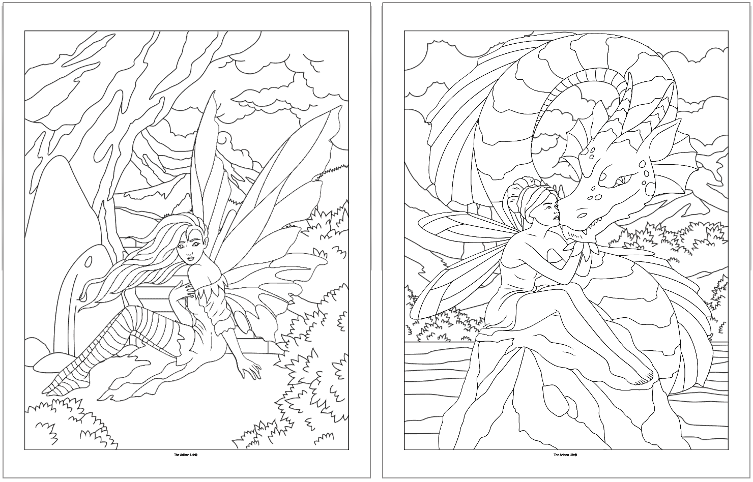 two coloring pages showing fairies. One fairy is with a dragon