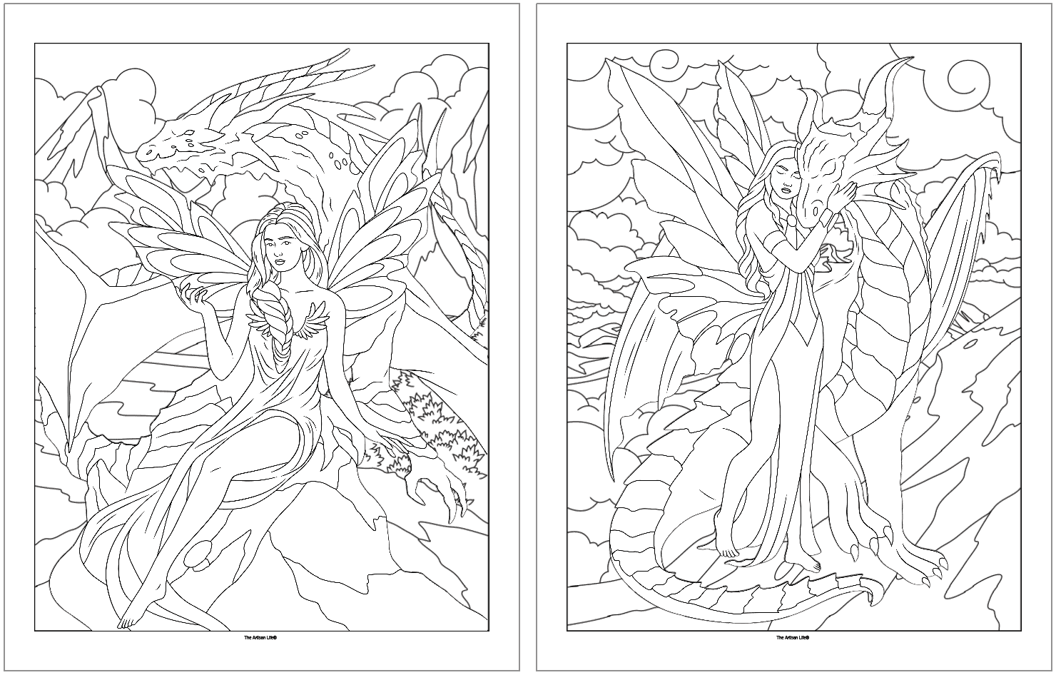 two coloring pages showing fairies with dragons