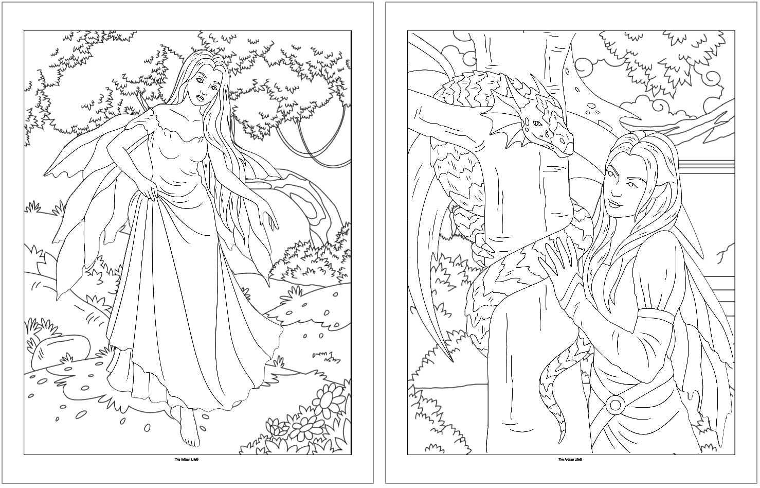 two fairy fantasy coloring pages. One shows a fairy with wings and the other shows a fairy withed dragon in a tree
