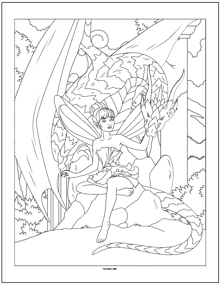 a fairy fantasy coloring page showing a fairy with a dragon