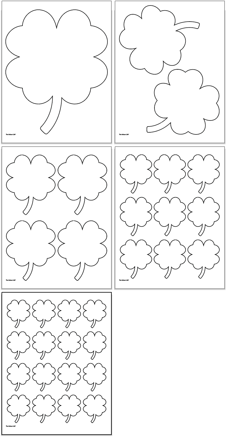 A collection of four leaf clover templates and outlines on multiple sheets, suitable for various crafts, including St. Patrick's Day decorations and activities for kids.
