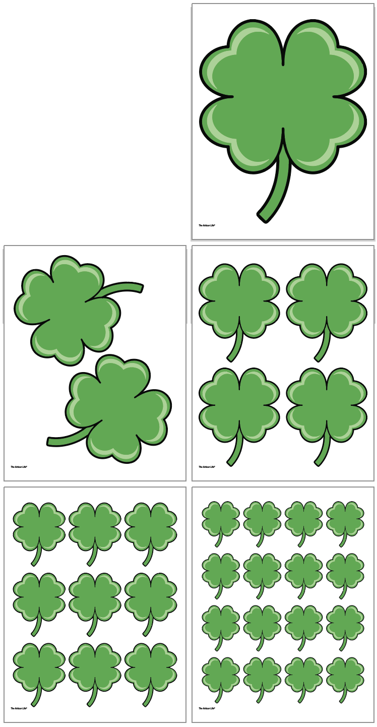 A collection of four leaf clover templates and outlines in various sizes suitable for St. Patrick's Day crafts and activities for kids.
