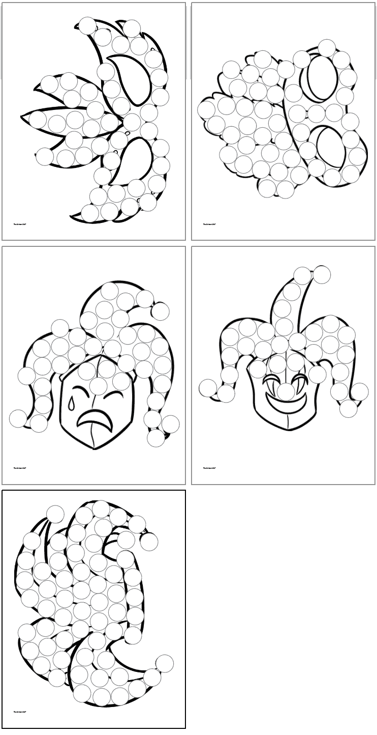 Five dot marker activity sheets featuring characters in festive attire, designed for Mardi Gras activities for kids and suitable for homeschooling classrooms.
