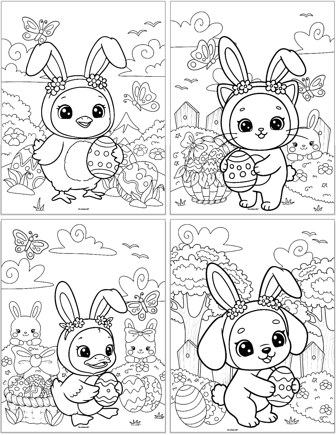 Four black and white Easter-themed coloring pages featuring cute animals, including bunnies and a chick, each holding Easter eggs amidst a spring landscape with flowers and butterflies.
