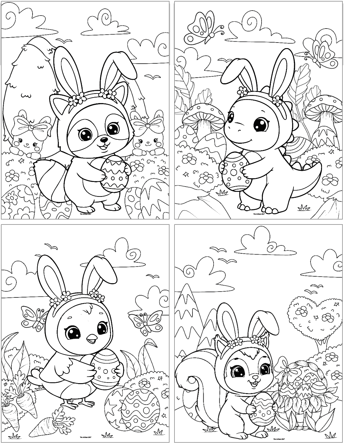 A set of four black-and-white Easter-themed coloring pages featuring playful animals in bunny costumes, each holding Easter eggs amid a spring landscape.
