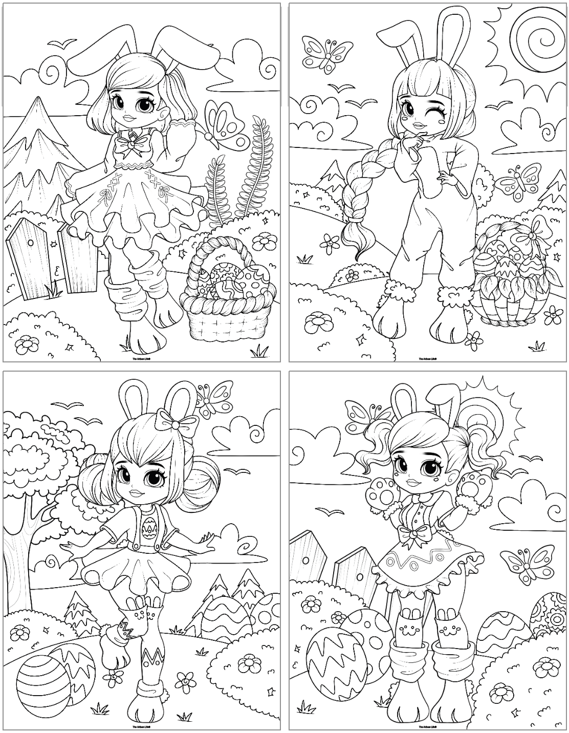 four coloring sheets showing girls in Easter bunny costumes