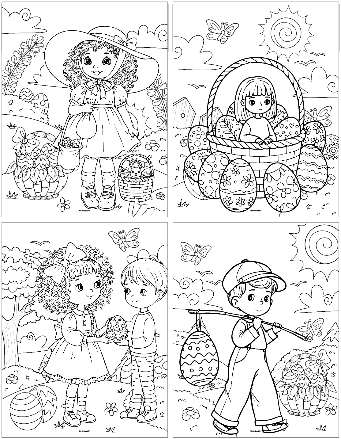 A collection of four black and white Easter-themed coloring pages featuring children engaged in various spring activities, such as holding Easter eggs and carrying baskets filled with colorful eggs.
