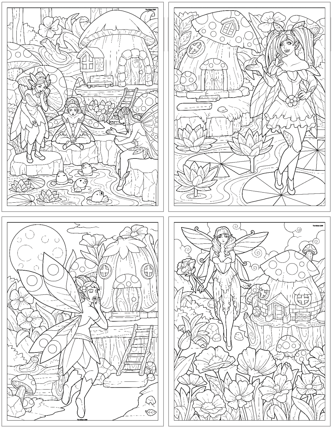 This image features four intricate fairy coloring pages, showcasing various fairy characters and whimsical settings, designed as free printable coloring activities for both kids and adults.
