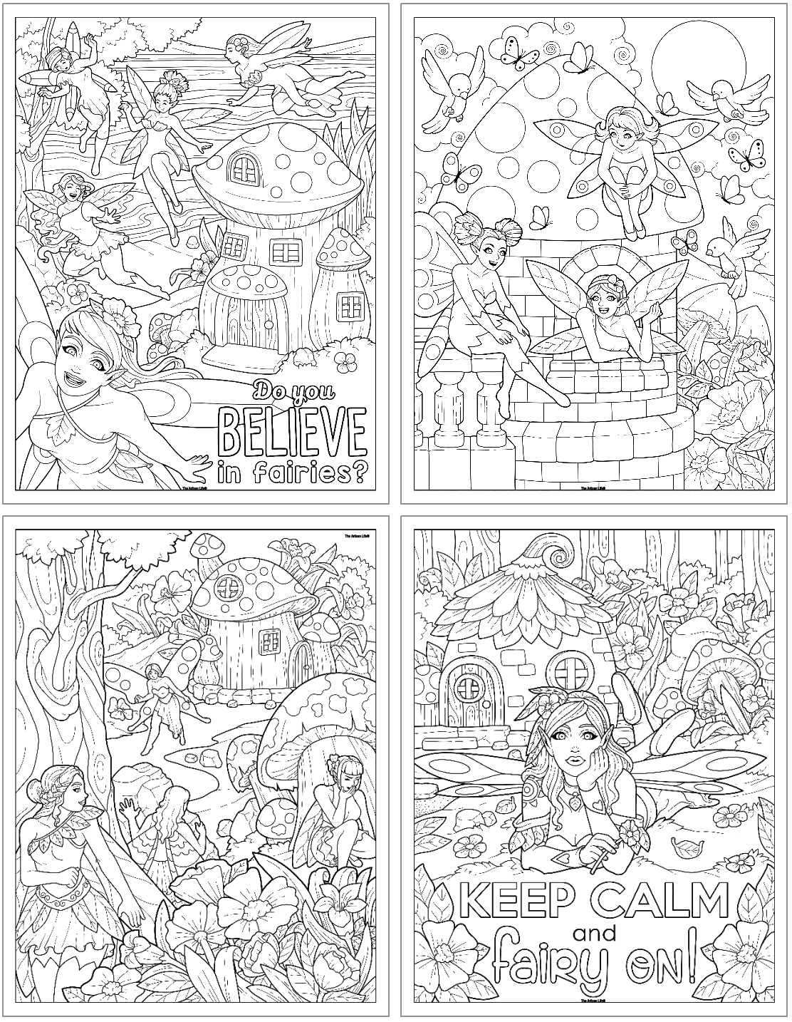 The image features four black-and-white fairy-themed coloring pages that include various fairies, mushroom houses, and whimsical landscapes, suitable for children's coloring activities and adults looking for free printable adult coloring pages.
