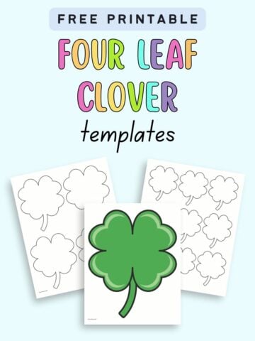 text "free printable four leaf clover templates" with a preview of three pages of four leaf clover template