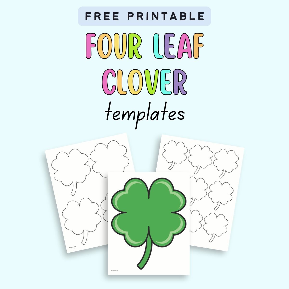 text "free printable four leaf clover templates" with a preview of three pages of four leaf clover template