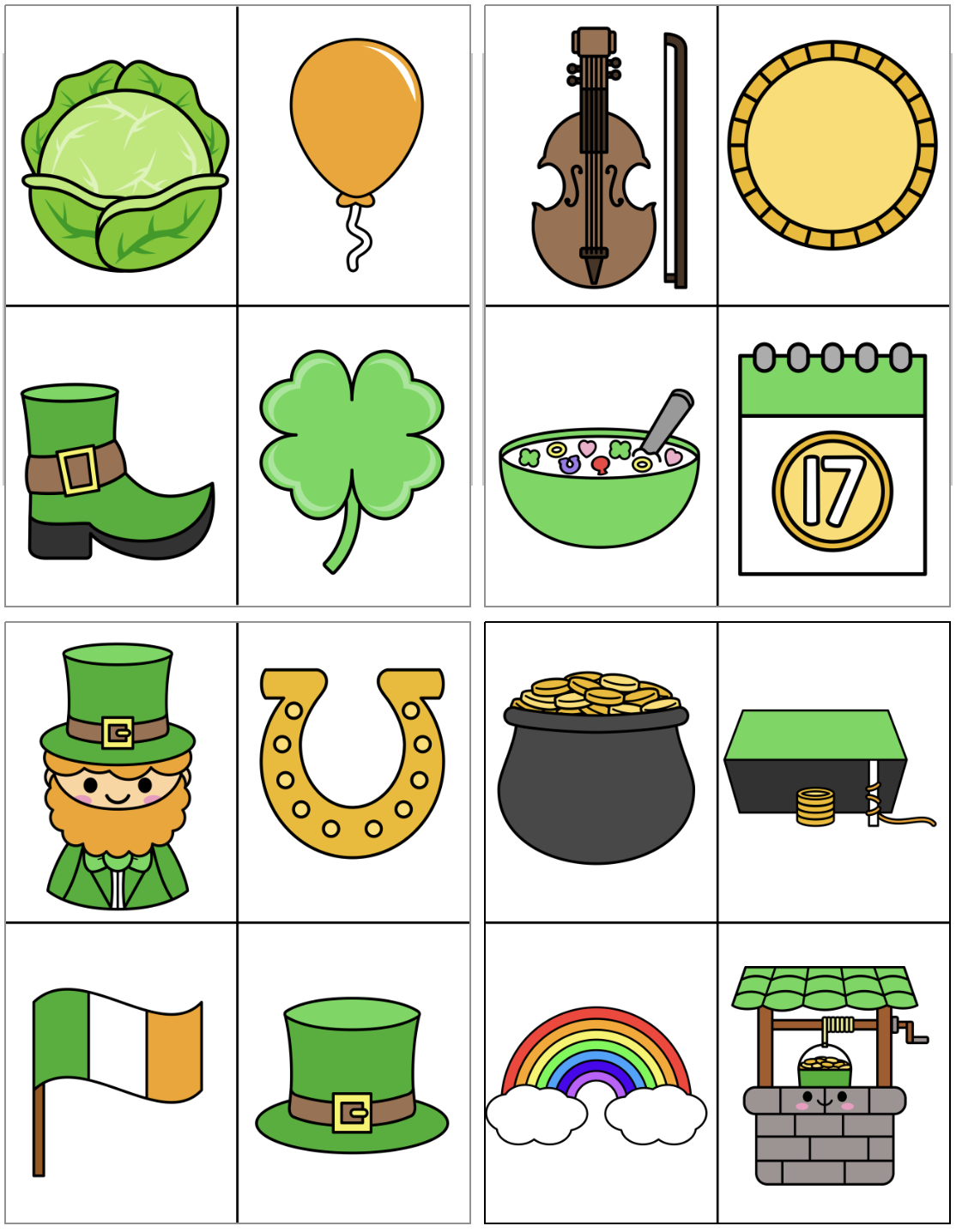 four pages with our st patrick's day themed images on each page to cut out and find in an indoor scavenger hunt
