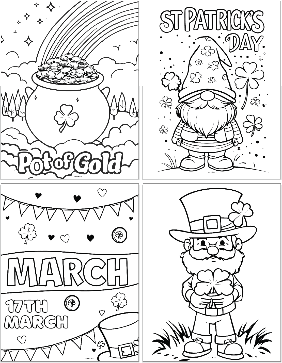 A collection of four black and white coloring pages featuring St. Patrick’s Day themes, including a pot of gold, a leprechaun, and decorations for March 17th, suitable for preschool children and various St. Patrick’s activities.