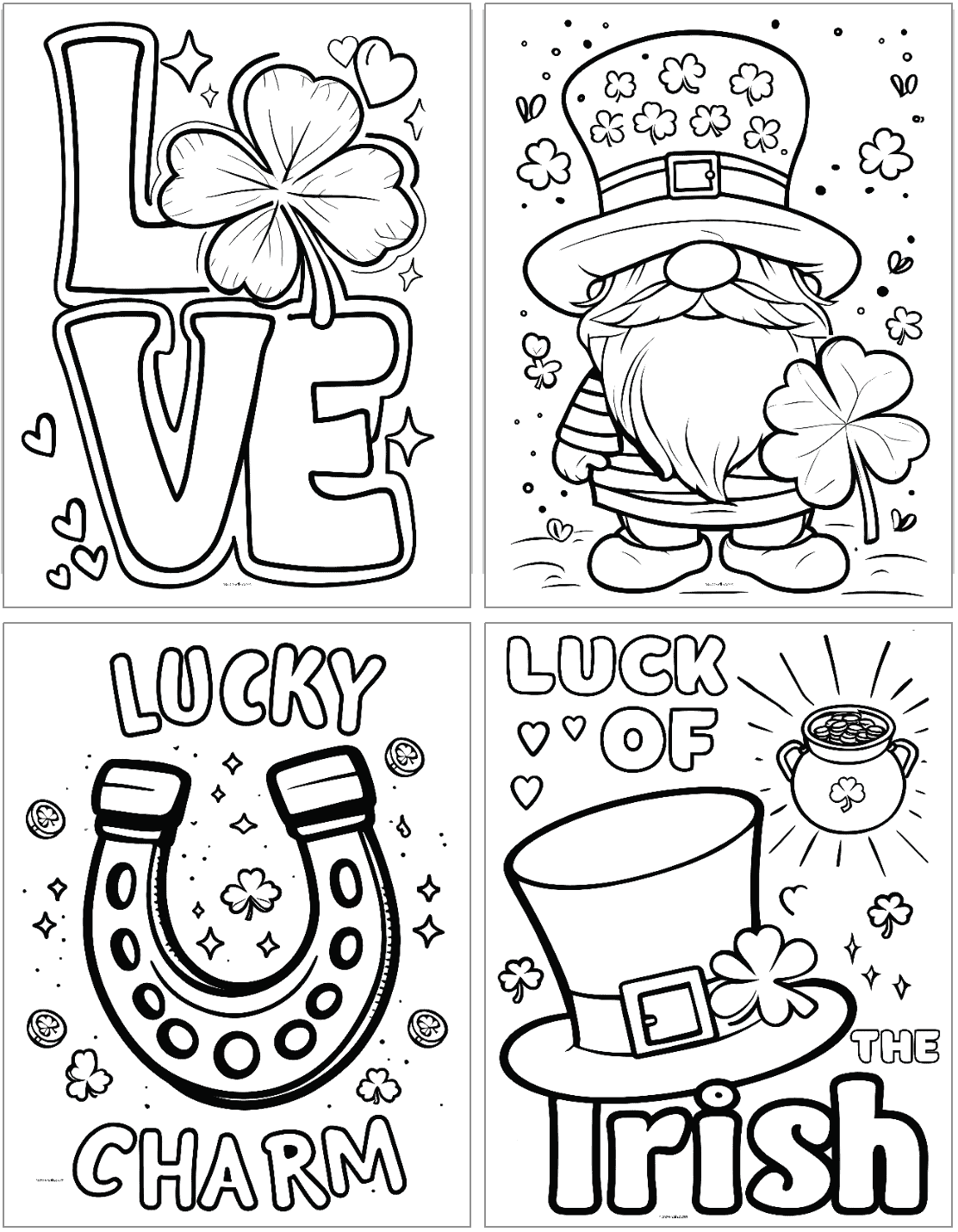 A collection of four black-and-white St. Patrick's Day coloring sheets for kids, featuring designs of a leprechaun, a lucky horseshoe, festive typography, and a pot of gold with a top hat, suitable for preschool activities and free printable coloring pages.
