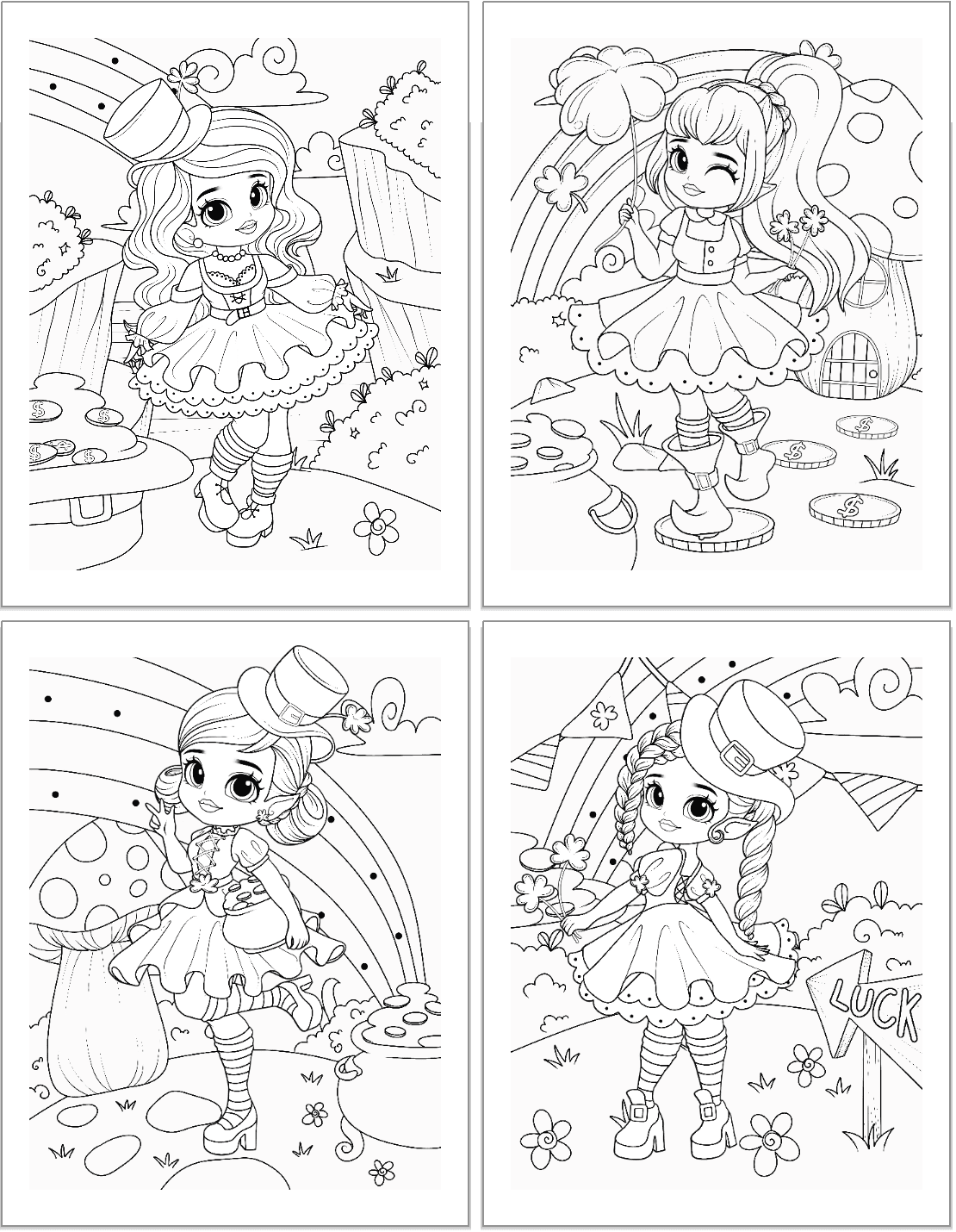 Four printable Saint Patrick’s Day coloring pages feature cute leprechaun girls in festive outfits, surrounded by rainbows, flowers, and a pot of gold, suitable for kids' coloring activities.
