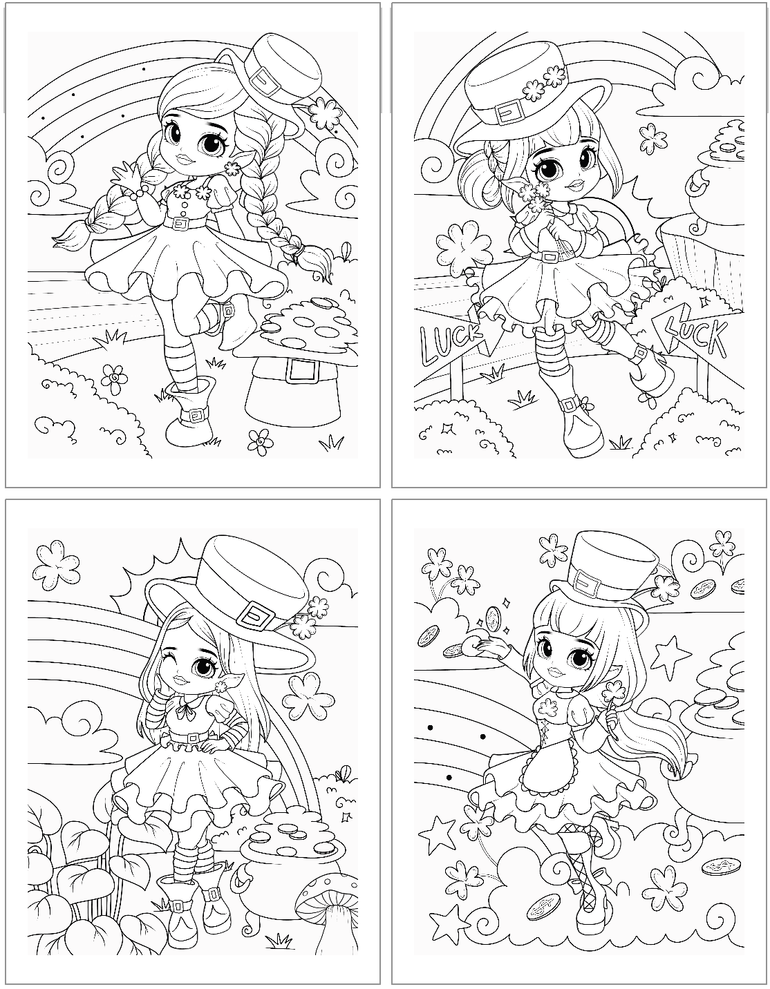 Four printable Saint Patrick’s Day coloring pages feature cute leprechaun girls in festive outfits, surrounded by rainbows, flowers, and a pot of gold, suitable for kids' coloring activities.
