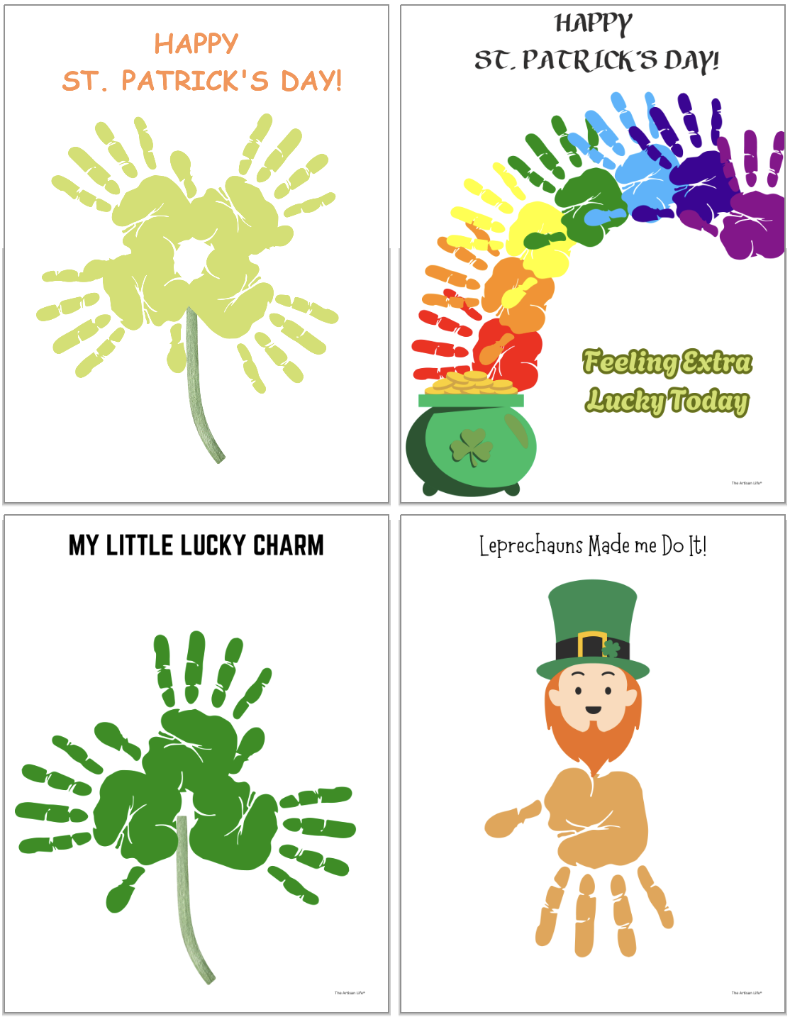 A collection of four St. Patrick's Day-themed handprint art templates, including designs featuring rainbows, clovers, and the word "LUCK," suitable for handprint crafts for preschoolers and toddlers.
