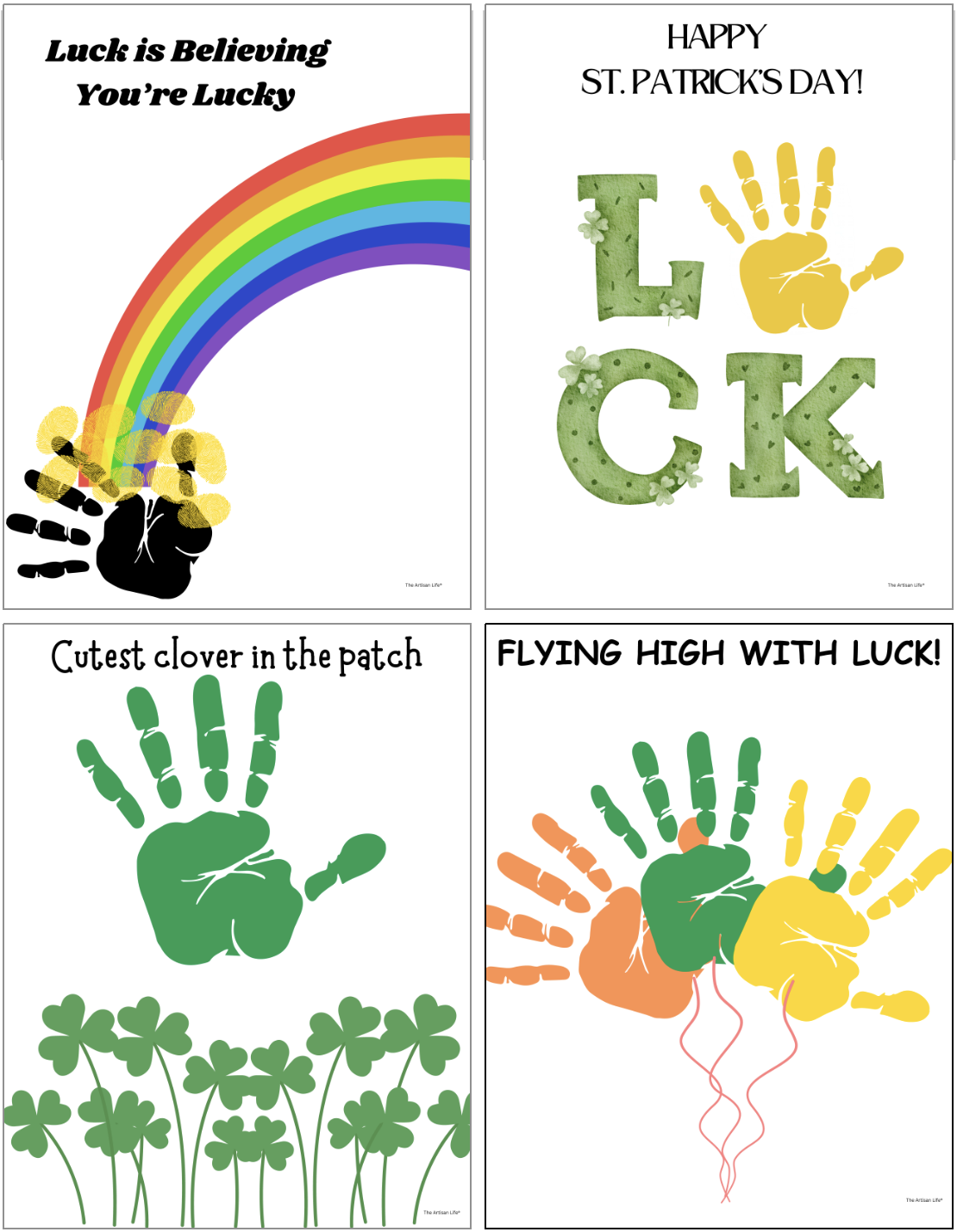 A collection of four St. Patrick’s Day-themed handprint art templates featuring colorful designs, including a rainbow, shamrocks, and a leprechaun, suitable for spring crafts and handprint crafts for preschoolers and toddlers.
