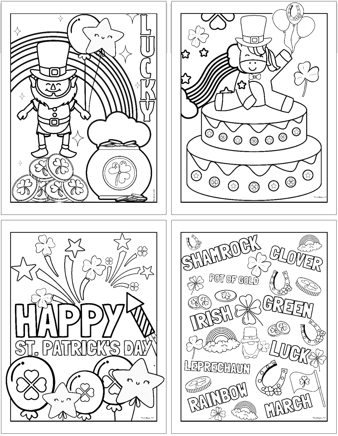 A collection of four St. Patrick’s Day-themed coloring sheets featuring leprechauns, shamrocks, rainbows, and festive messages like "Happy St. Patrick's Day" and "Lucky."
