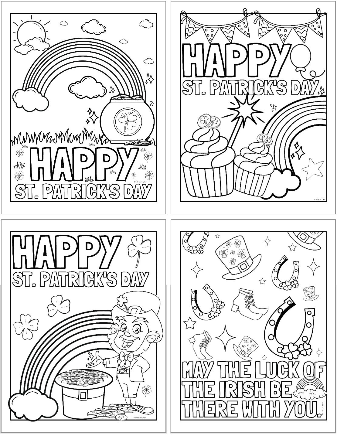 A collection of St. Patrick's Day coloring sheets for kids, featuring a rainbow, a pot of gold, cupcakes, and leprechauns, with phrases like "Happy St. Patrick's Day" and "May the luck of the Irish be there with you."
