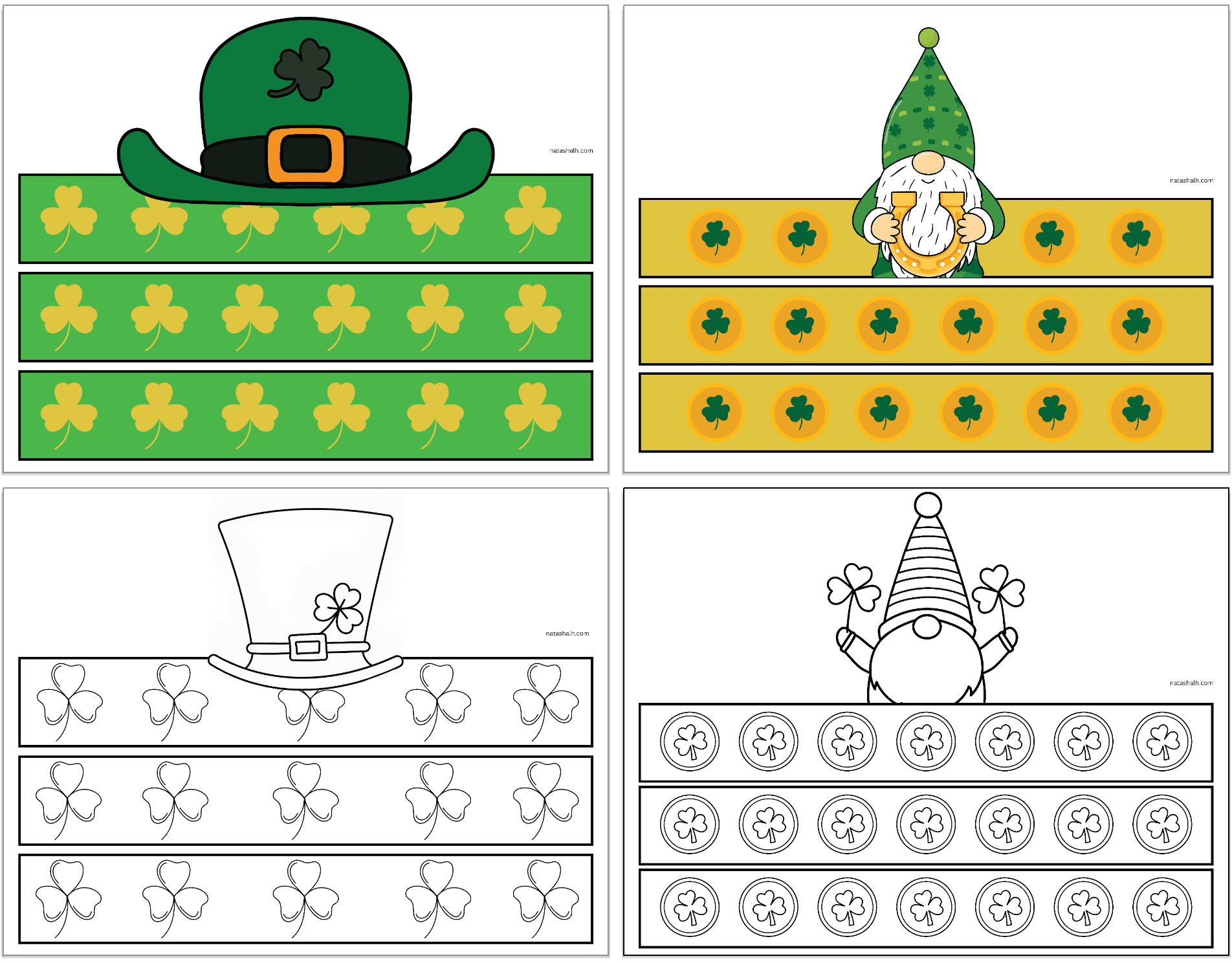 Four St Patrick’s Day crown craft printables featuring various themed designs, including leprechaun hats and shamrock patterns, suitable for kids' DIY activities.
