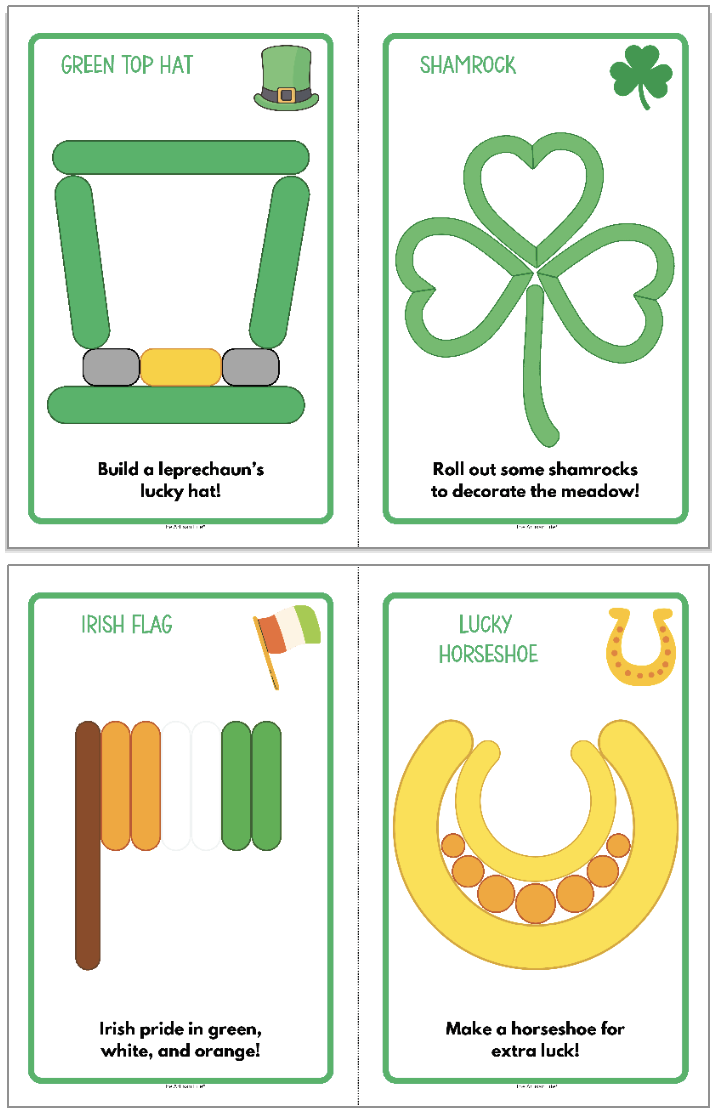 A set of four printable activity mats featuring designs for a leprechaun's top hat, shamrock, Irish flag, and lucky horseshoe, intended for preschool learning activities and spring play dough fun.
