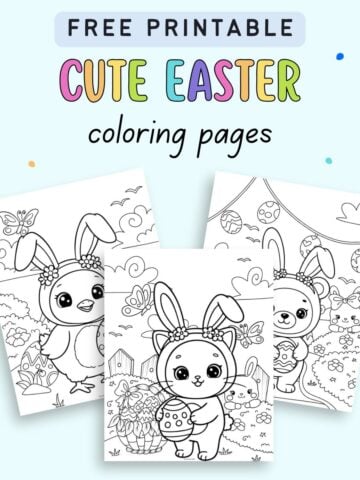 Three cute Easter bunny coloring pages featuring a bunny holding an egg, a bird with bunny ears, and a cheerful scene with decorated eggs and flowers, labeled as free printable Easter coloring pages.