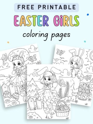 text "free printable easter girls coloring pages" with a preview of three coloring sheets showing girls dressed ad the Easter bunny