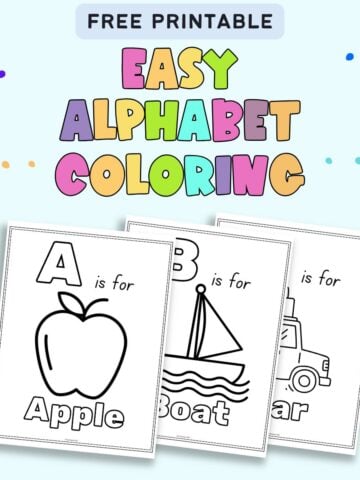 text "Free printable easy alphabet coloring pages" with a. preview of three easy alphabet coloring sheets for A, B, and C