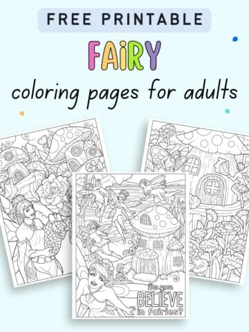 text "free printable fairy coloring pages for adults" with a preview of three fairy coloring sheets