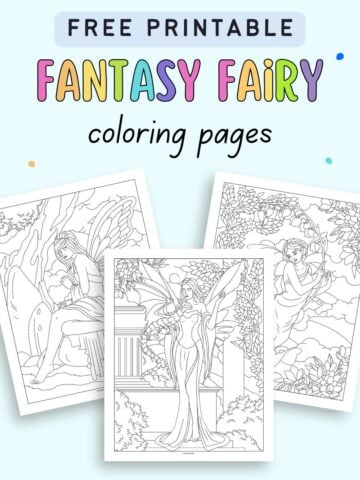 text "free printable fantasy fairy coloring pages" with an image of three fairy coloring pages. One fairy has a pet dragon.