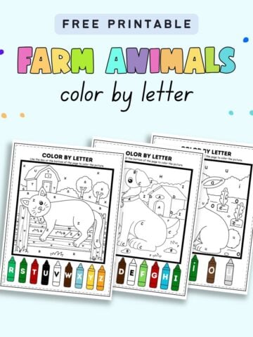 text "free printable farm animals color by letter" with a preview of three color by letter sheets