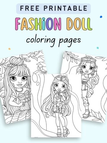 text "free printable fashion doll coloring pages" with a preview of three sheets showing fashion girl coloring sheets for kids