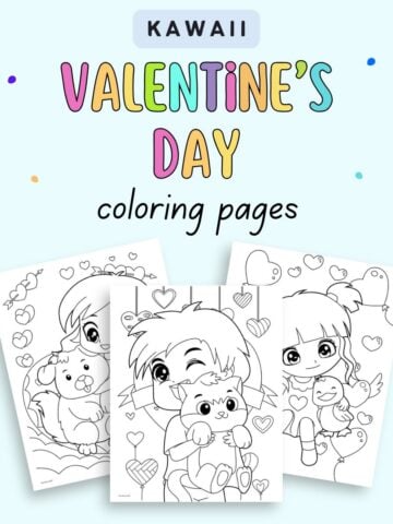 text "kawaii Valentine's Day coloring pages" with a preview of three coloring sheets for kids