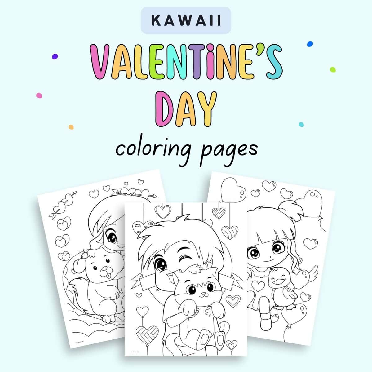 text "kawaii Valentine's Day coloring pages" with a preview of three coloring sheets for kids