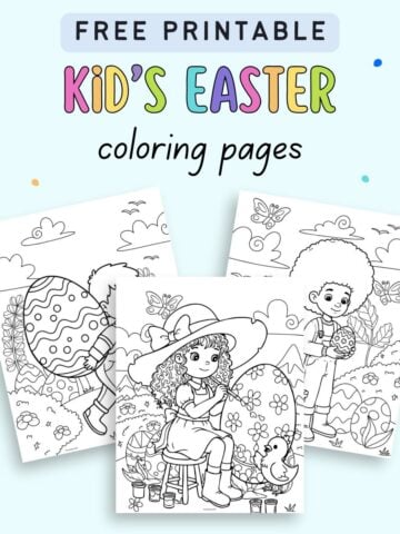 A collection of free printable kids' Easter coloring pages featuring children engaging in festive activities, surrounded by decorated Easter eggs and spring elements.