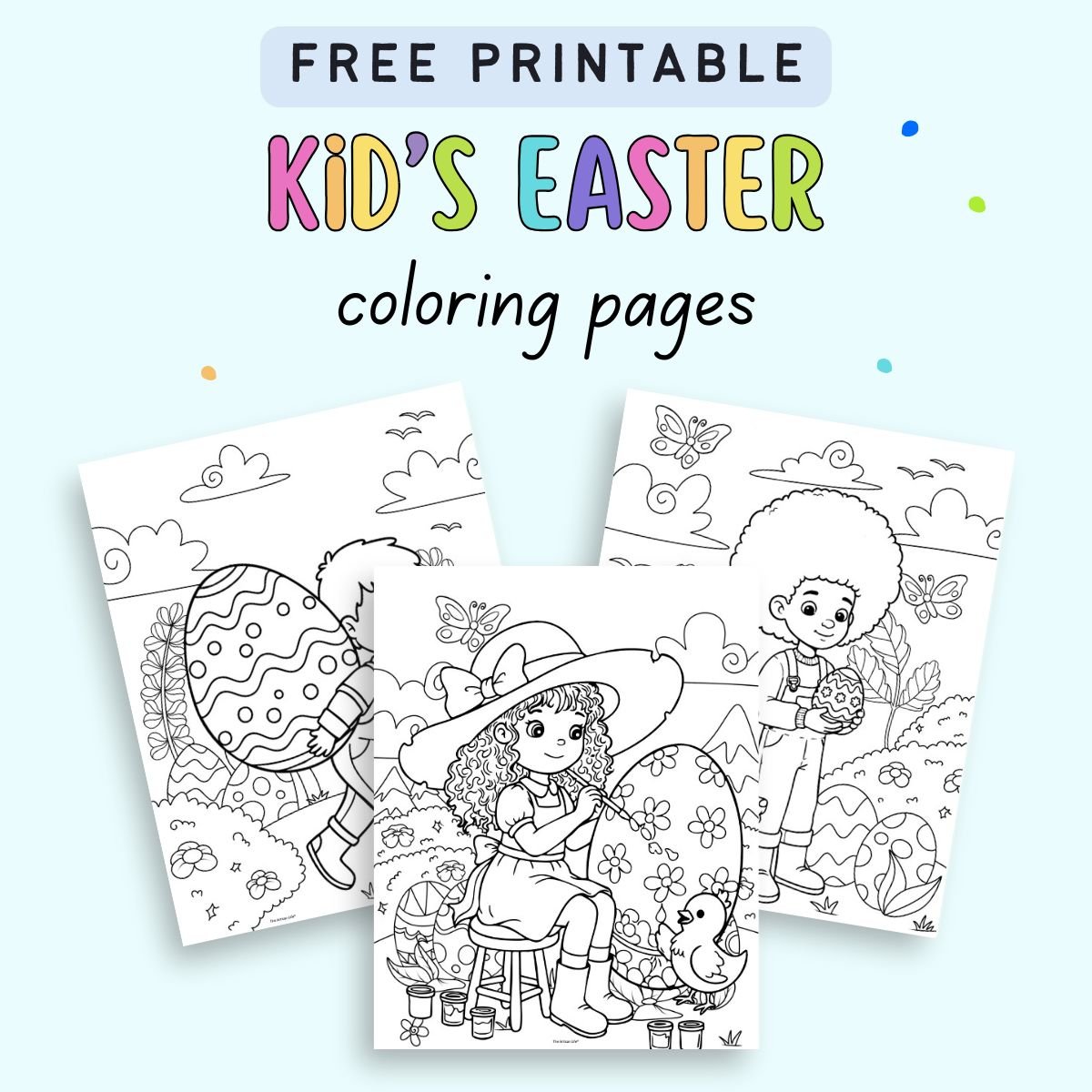 A collection of free printable kids' Easter coloring pages featuring children engaging in festive activities, surrounded by decorated Easter eggs and spring elements.
