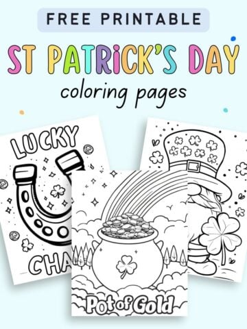 text "free printable st patrick's day coloring pages" with a preview of three st patrick's day coloring sheets for kids