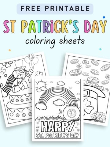 text "free printable st patrick's day coloring sheets" with a preview of three st patrick's day coloring sheets for kids